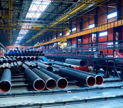 Abundance of tubes used for oil and gas industry placed in factory warehouse